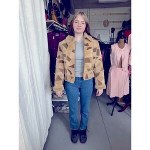 Vintage‎ Suede Patchwork Brown+Tan+Beige Zip Up Jacket